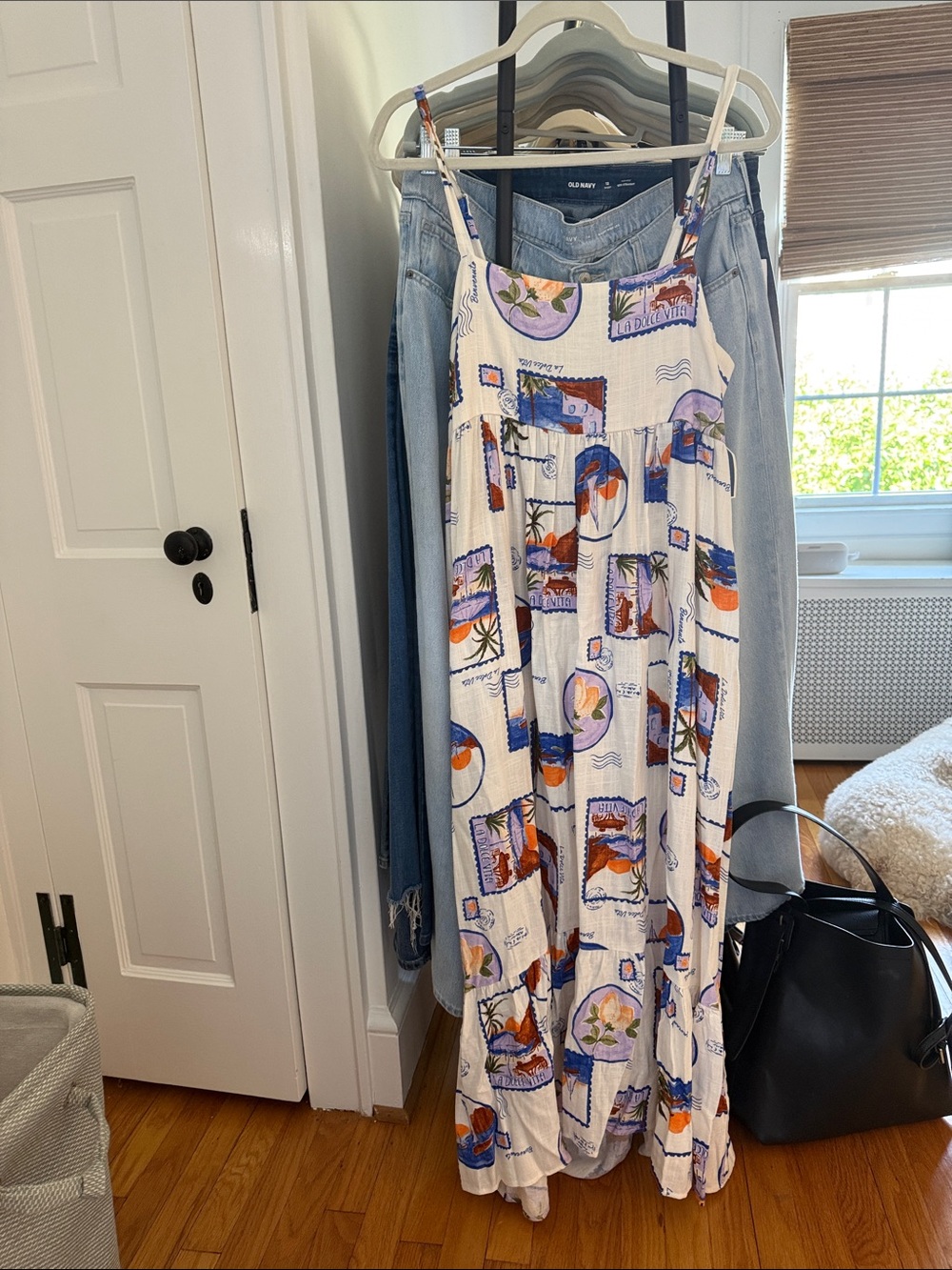 White Tropical Print Maxi Skirt Dress with Blue and Orange Accents